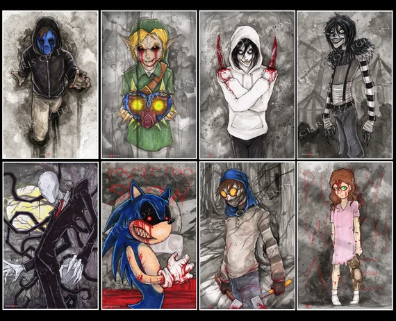 Plusieurs illustrations de personnages de creepypasta : Ben Drowned, Jeff The Killer, Slenderman, Dark Sonic, je n'ai pas le nom des autres