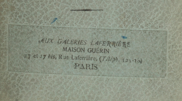 Indication sur le livre Aux Galeries Laferrière, Maison Guérin, 17 et 17 bis Rue Laferrière (n° de téléphone) PARIS