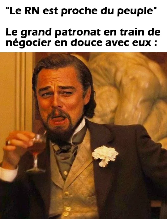 Meme Leonardo Di Caprio avec sa coupe de vin : "Le RN est proche du peuple" - Le grand patronat en train de négocier en douce avec eux :